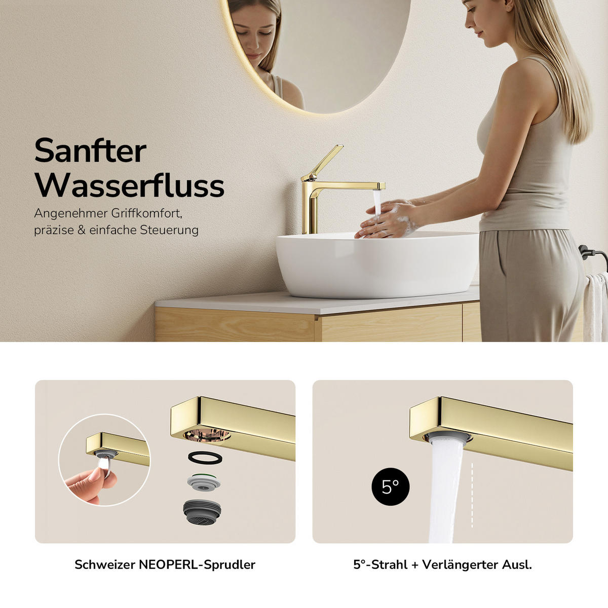 WASCHTISCHARMATUR mit Zertifiziertem Filterelement Champagnergold Hoher Stil - Goldfarben, Metall (23.3/4.6/33.5cm) - EMKE