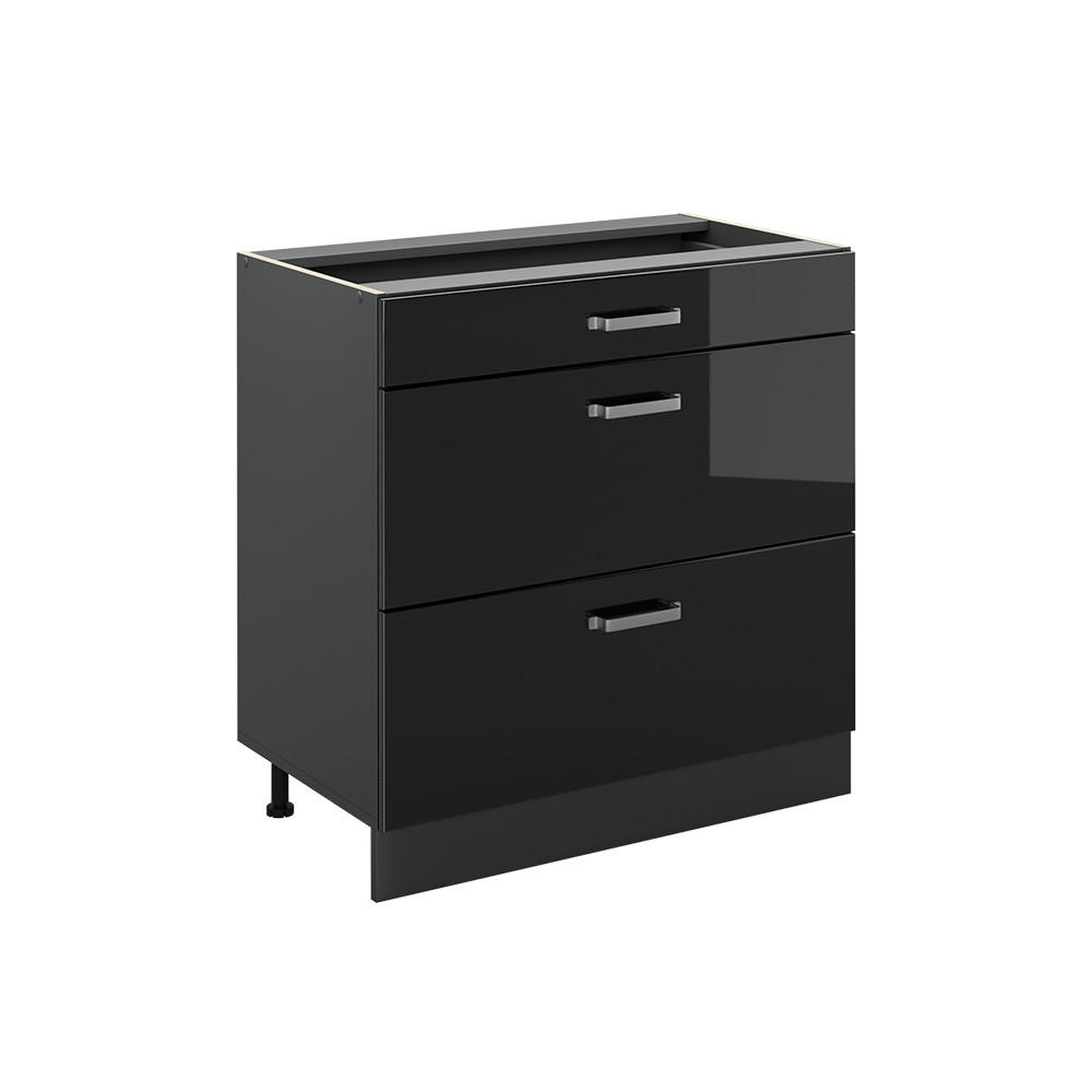 KÜCHENUNTERSCHRANK R-Line, Schwarz Hochglanz/Anthrazit, 80 cm mit 3 Schubladen ohne Arbeitsplatte - Schwarz Hochglanz/Anthrazit, Holzwerkstoff (80/81.6/46cm) - Vicco