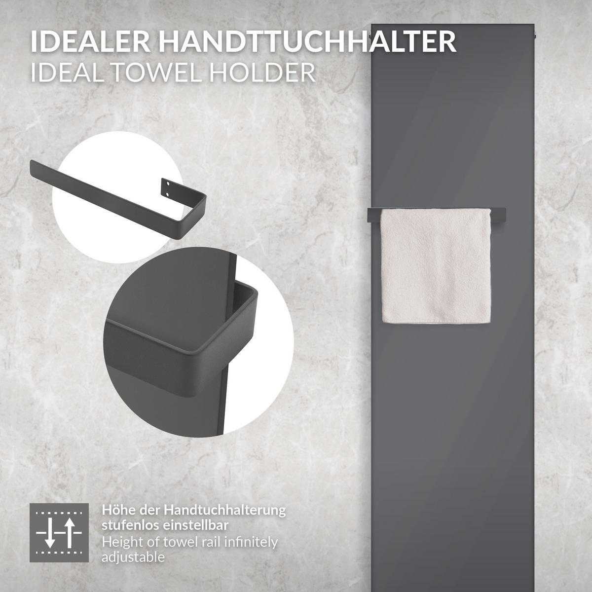 HANDTUCHHALTER 38 cm aus Stahl Anthrazit Wandmontage für Bad & Küche - Grau, Metall (10/4/38cm) - LuxeBath