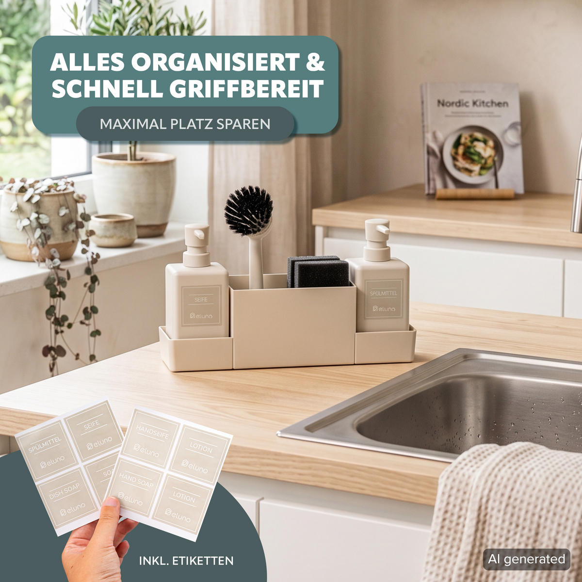 SPÜLBECKENORGANIZER, beige, Kunststoff - Beige, Kunststoff (34.5/24/9cm) - eluno