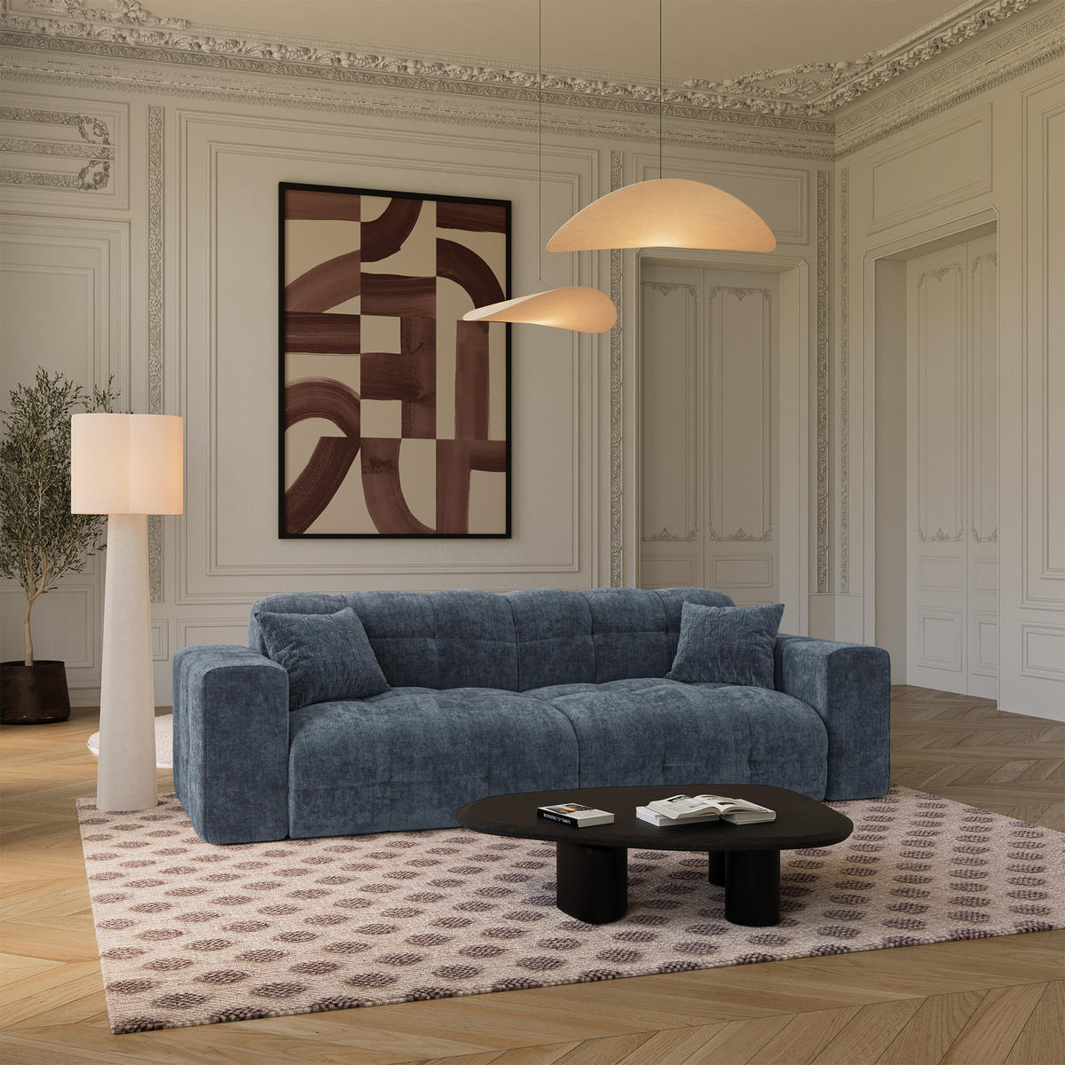 SOFA COCOON Geprägter Samt Mineralblau 230cm - Blau/Dunkelblau, Textil (230/85/92cm) - Premium Interiors