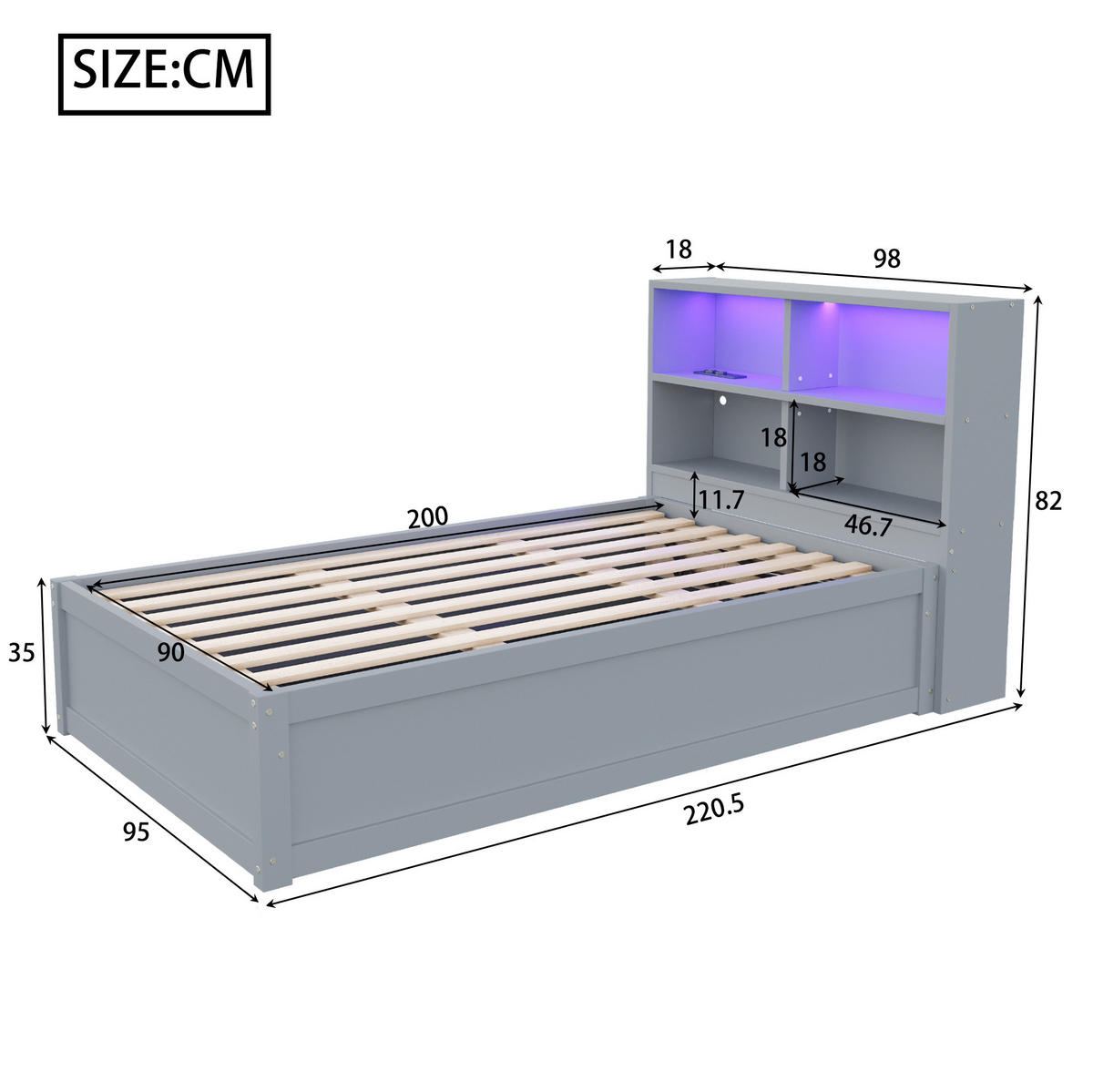 BETT 90/200 cm Grau mit Stauraum, LED-Beleuchtung und Steckdose - Grau, Holz (90/200cm) - Flora Grace