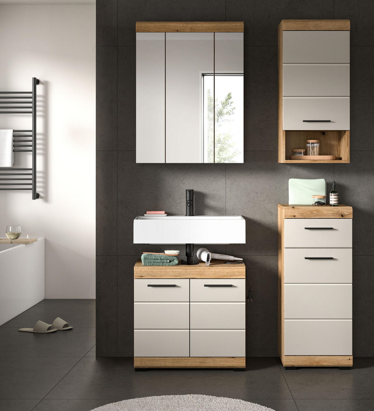 BADMÖBEL-SET Sand Kashmir, Evoke Eiche 4-teilig, Badkombination 112 x 191 cm - Kaschmir/Eichefarben, Glas/Holzwerkstoff (112/191/34cm) - Inn.Furn