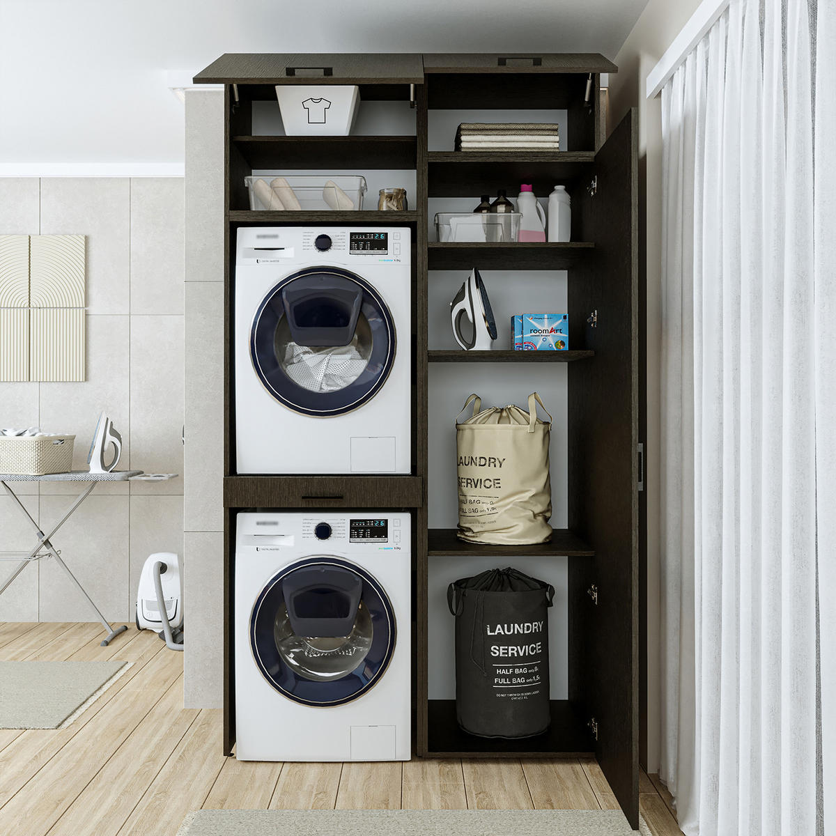 WASCHMASCHINENSCHRANK DUO-I 127cm Breit, 240cm Hoch - Schwarz, Holzwerkstoff (127/240/67cm)