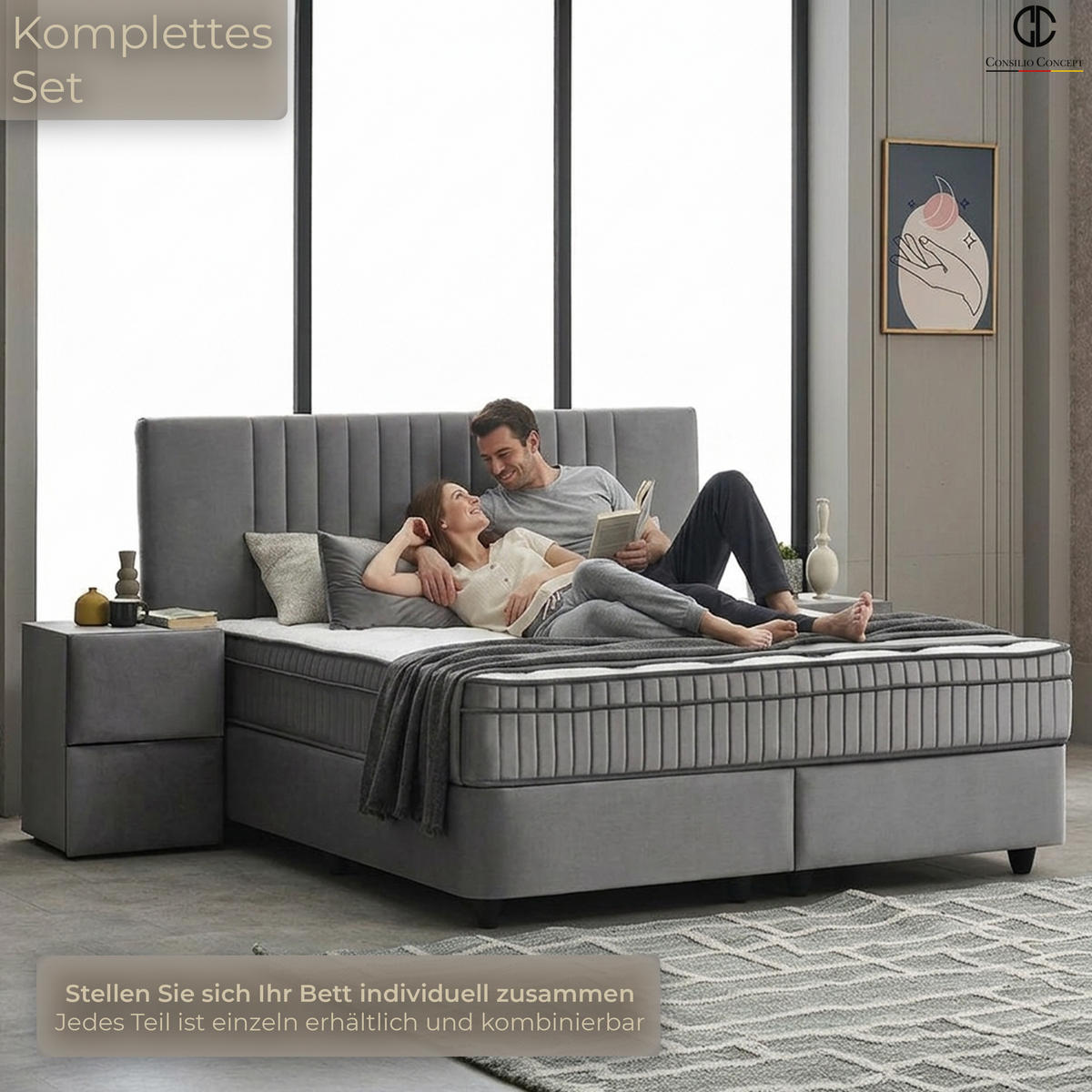 BOXSPRINGBETT MIT BETTKASTEN CARL 160/200 cm, Grau, Bettkasten, Matratze, Topper integriert, H3 mittel 7-Zonen Matratze - Schwarz/Grau, Holz/Kunststoff (160/200cm) - Consilio Concept