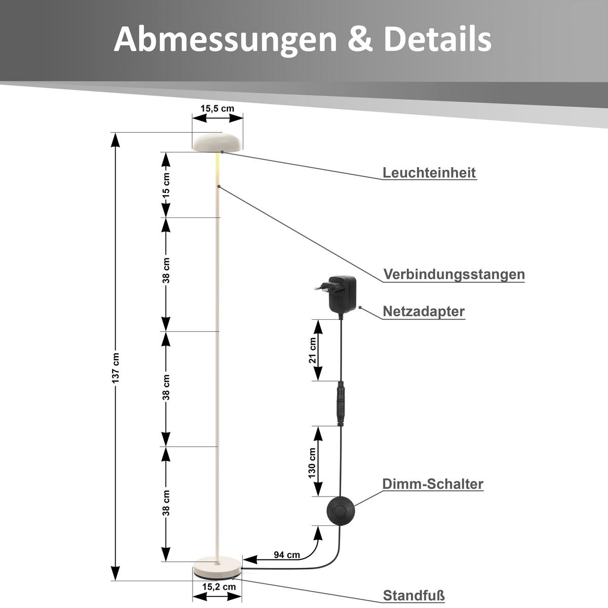LED-DESIGN-STEHLEUCHTE stufenlos dimmbar Trittschalter 3000K 140cm hoch Metall Beige - Schwarz Hochglanz, Metall (15/15/137cm) - Elblight.de
