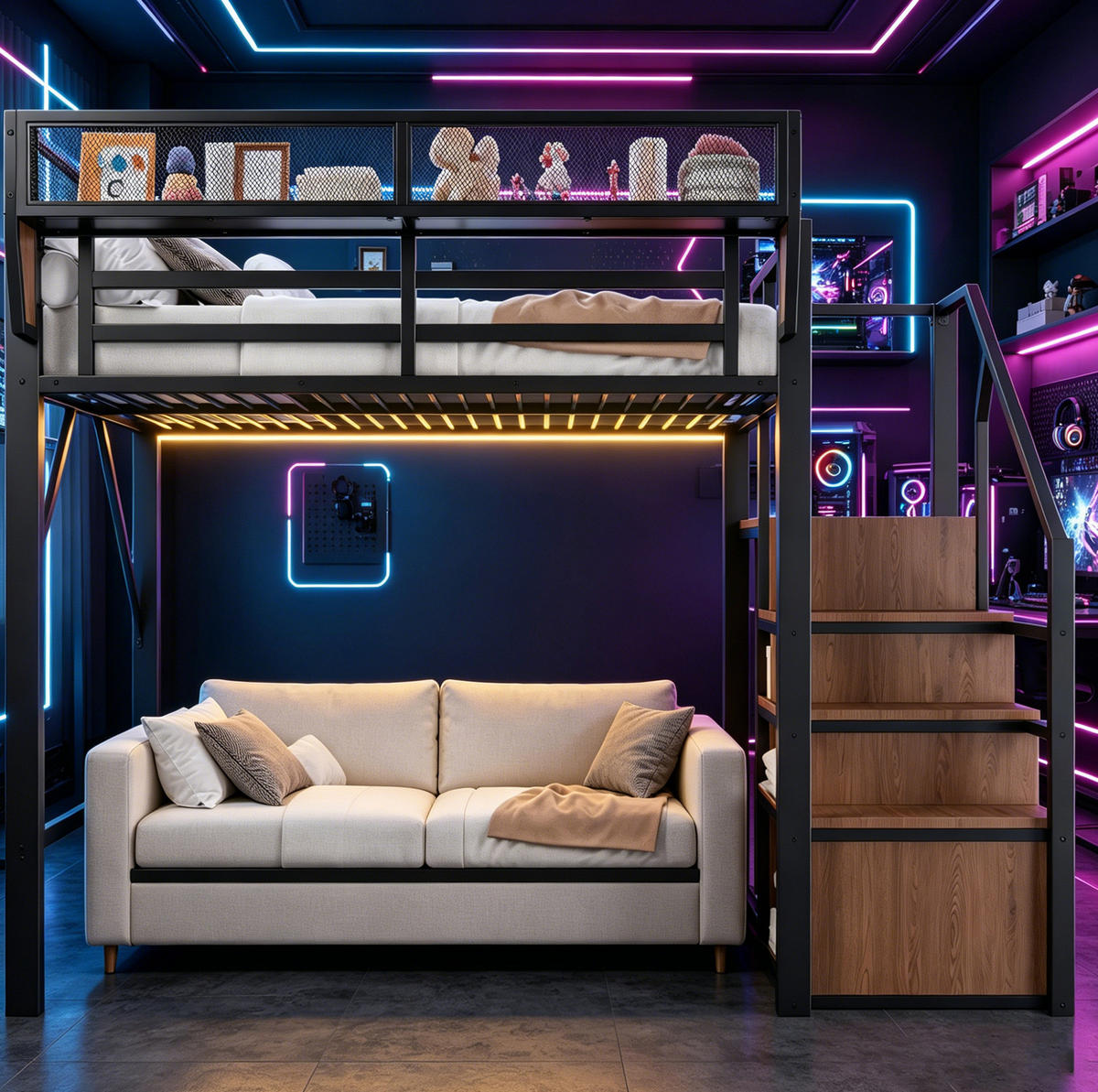 HOCHBETT 140/200 cm aus Metall mit LED-Lichtstreifen, Schwarz - Schwarz, Metall (140/200cm) - OKMYHOME