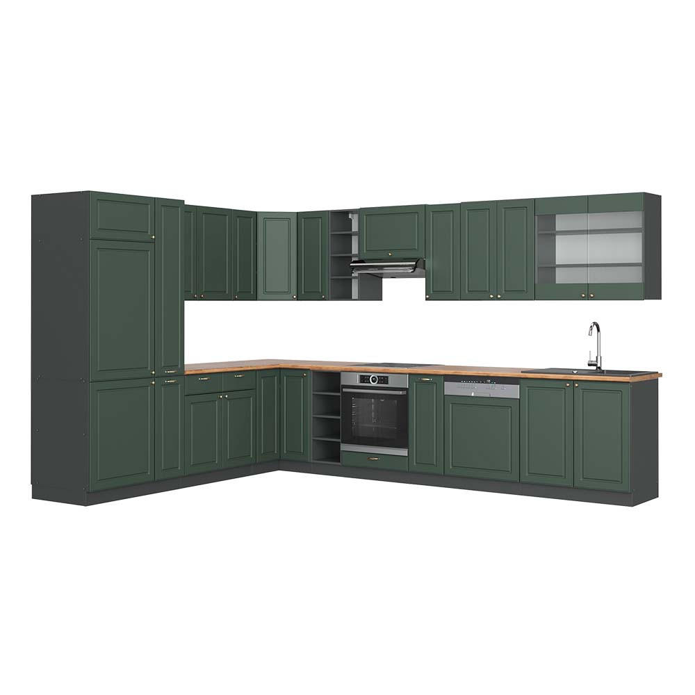 ECKKÜCHE Fame-Line Grün-Gold Landhaus/Anthrazit 347 x 257 cm, AP Eiche - Anthrazit/Grün, Holzwerkstoff (347/81.6/60cm) - Vicco