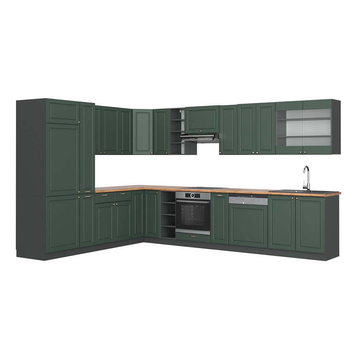 ECKKÜCHE Fame-Line Grün-Gold Landhaus/Anthrazit 347 x 257 cm, AP Eiche - Anthrazit/Grün, Holzwerkstoff (347/81.6/60cm) - Vicco