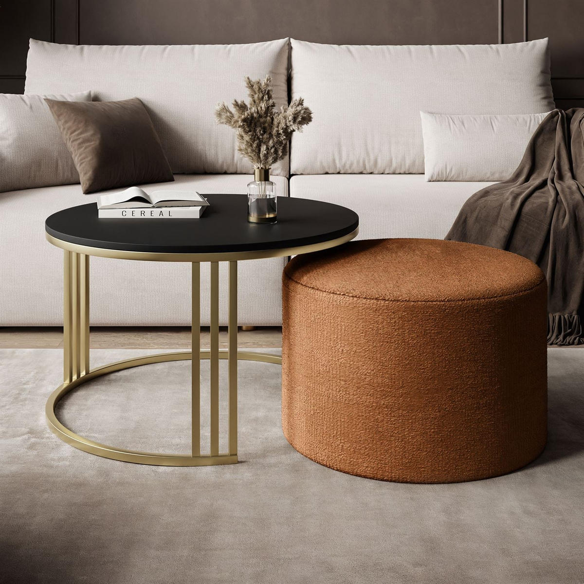 COUCHTISCH mit Hocker LORI MAT gebürstetes Gold/schwarz matt/Perfect Harmony 52 - Schwarz, Metall (70/70/49cm) - Lookway