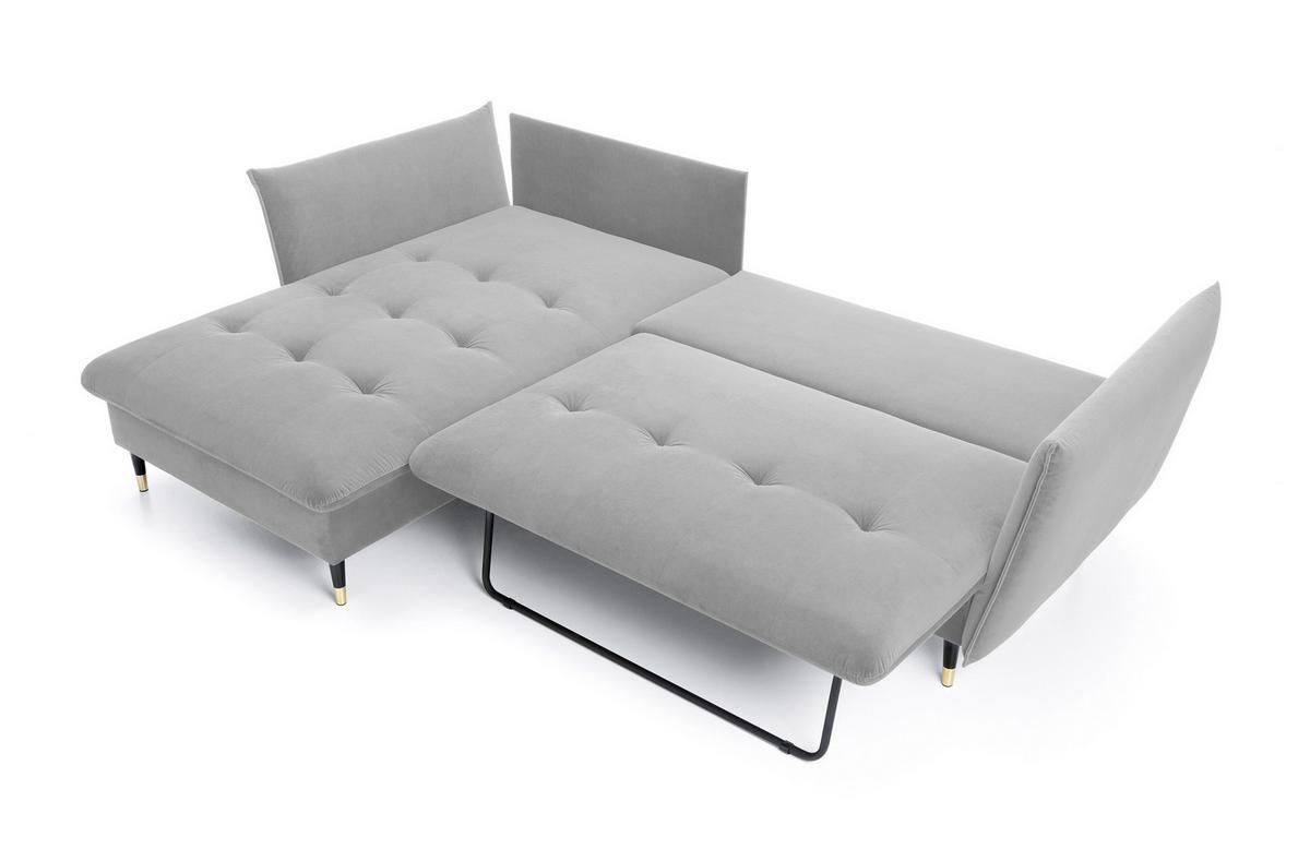 ECKSOFA GLAM mit Schlaffunktion, Ottomane & goldenen Füßen – Samtsofa im Glamour-Stil mit Zierkissen, 258x167x91cm, Linke, HELL GRAU - Hellgrau, Holz/Textil (167/258cm) - DomoHome