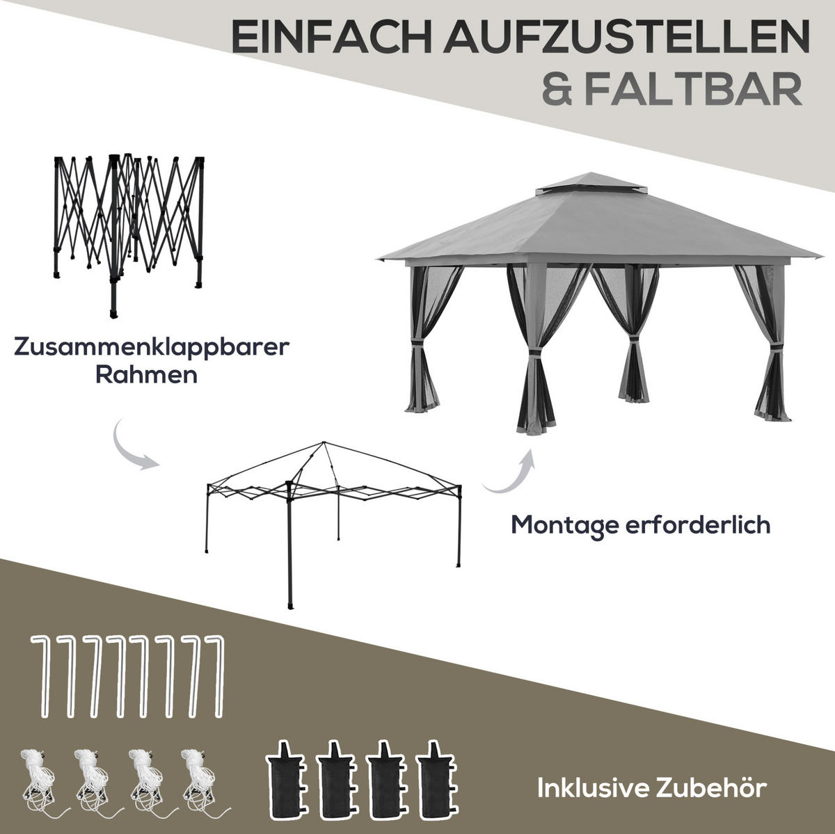 PAVILLONS aus Eisen 392x392x283 cm in Dunkelgrau mit UV50+ & höhenverstellbar - Dunkelgrau, Metall (392/283/392cm) - Modfu