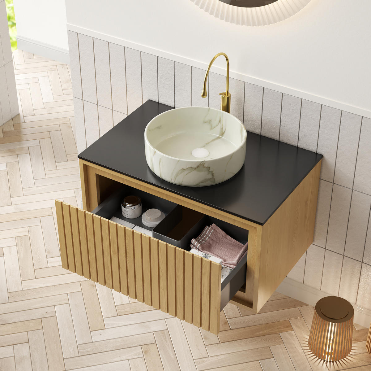 WASCHTISCHUNTERSCHRANK hängend mit Schublade Keramik und Sinterstein Golden Oak - Eichefarben, Holzwerkstoff (48/53.1/76cm) - Beauniv