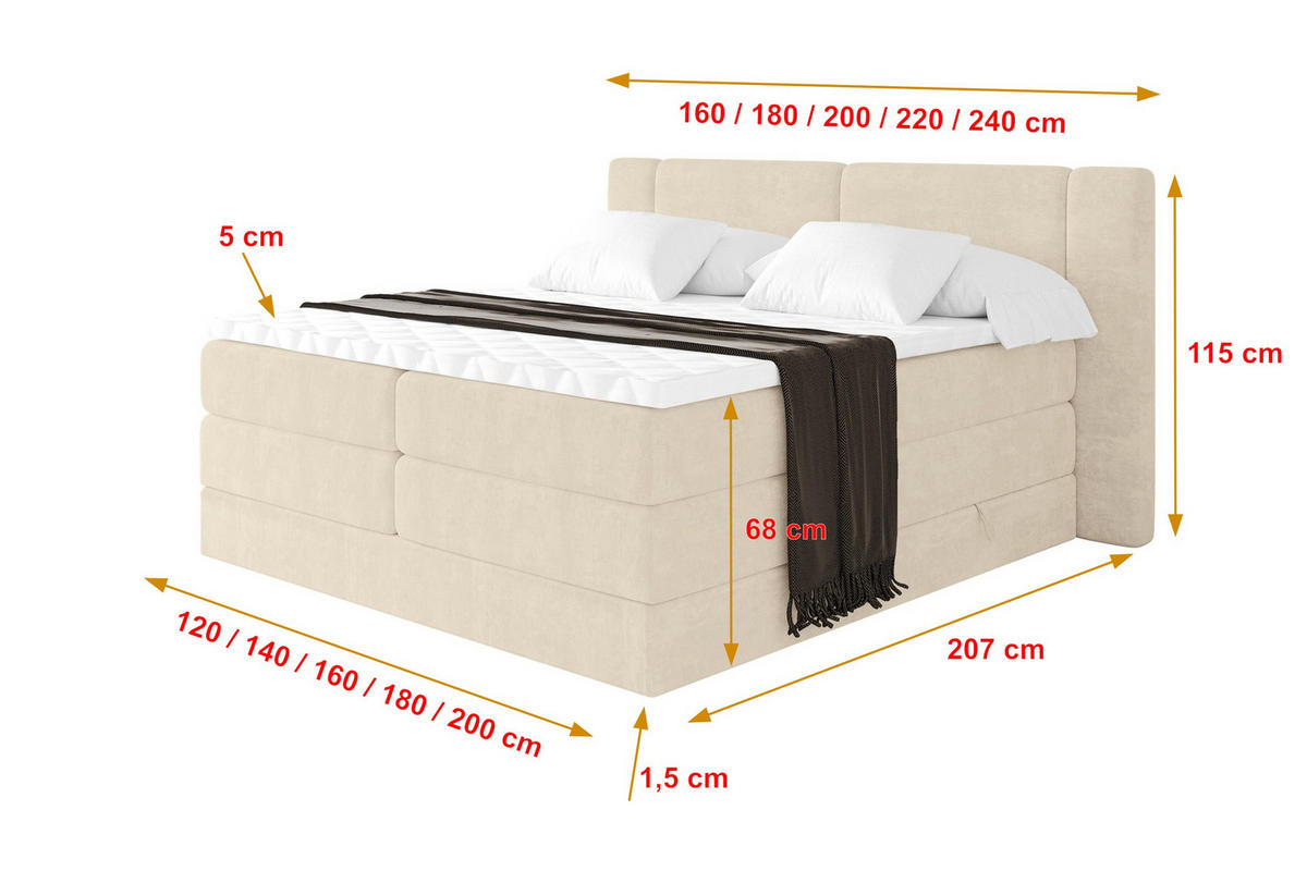 BOXSPRINGBETT mit Matratze H3/H4 - EVON KING - 140x200 cm Beige - Champagner, Holzwerkstoff (140/200cm) - ALTDECOR