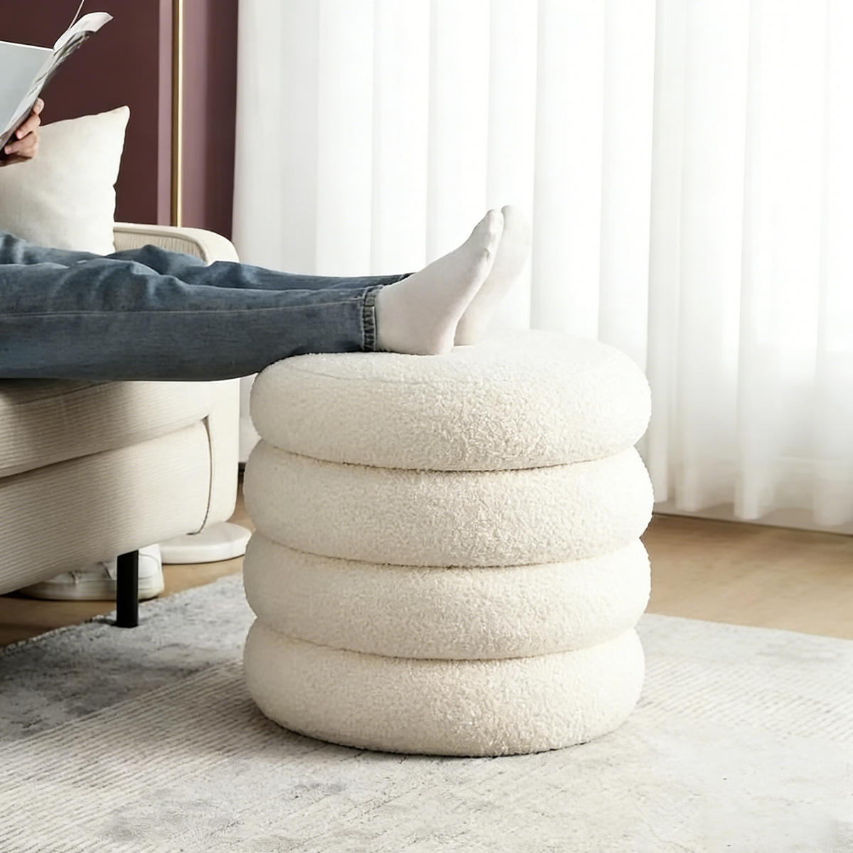 SEDACÍ taburet Bubble - bílá, kompozitní dřevo/textil (42/47/42cm) - Relaxdays