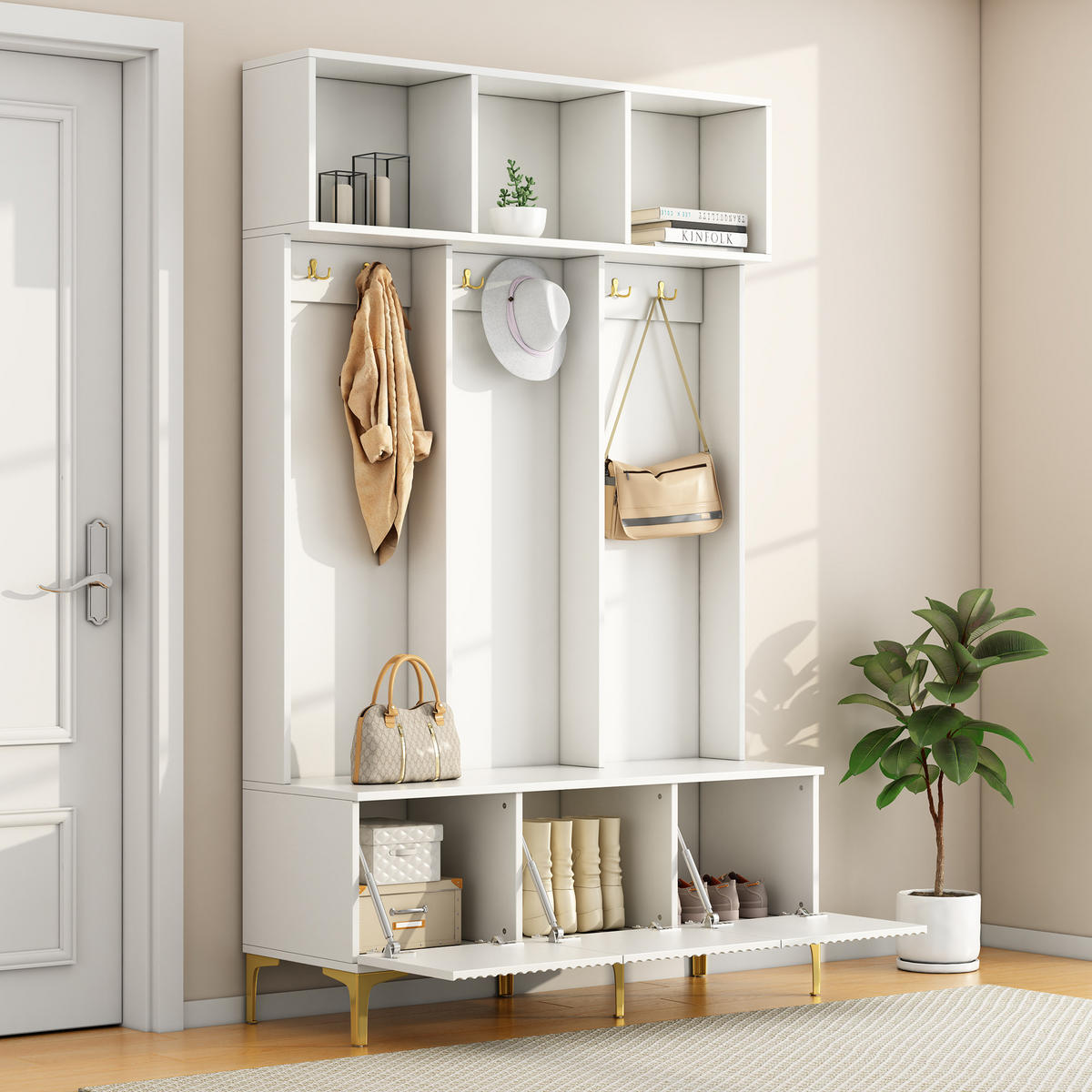 GARDEROBE Weiß Bank 6 Haken Gold Flur Set 120x40x191cm - Weiß, Holzwerkstoff (40/191/120cm) - FLIEKS