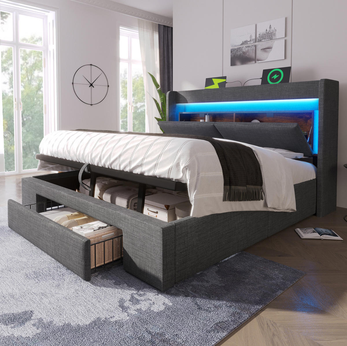 ČALOUNĚNÁ postel 140/200 cm šedá z lnu s úložným prostorem, LED osvětlením a USB-C, s matrací - šedá, textil (140/200cm) - OKWISH