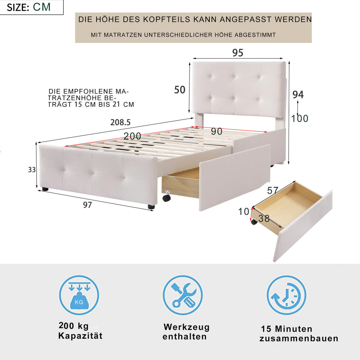 POLSTERBETT 90/200 cm Beige aus Samt mit Schublade - Beige, Textil (90/200cm) - OKMYHOME