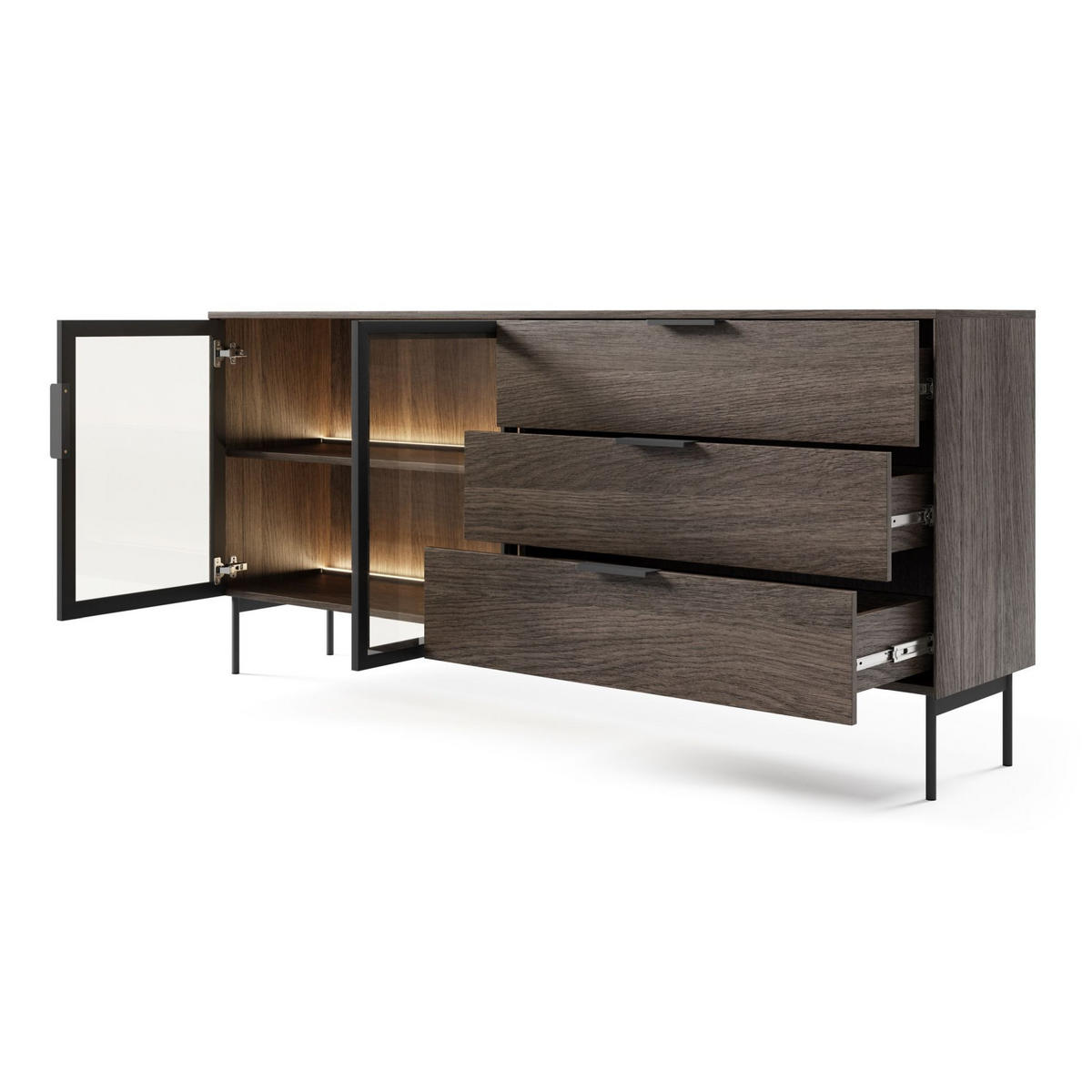 SIDEBOARD Lumi 2-türig mit Glasfronten Eiche Dunin 181 cm - Dunkelbraun/Schwarz, Holzwerkstoff/Metall (181.3/82.6/39.3cm) - Selsey