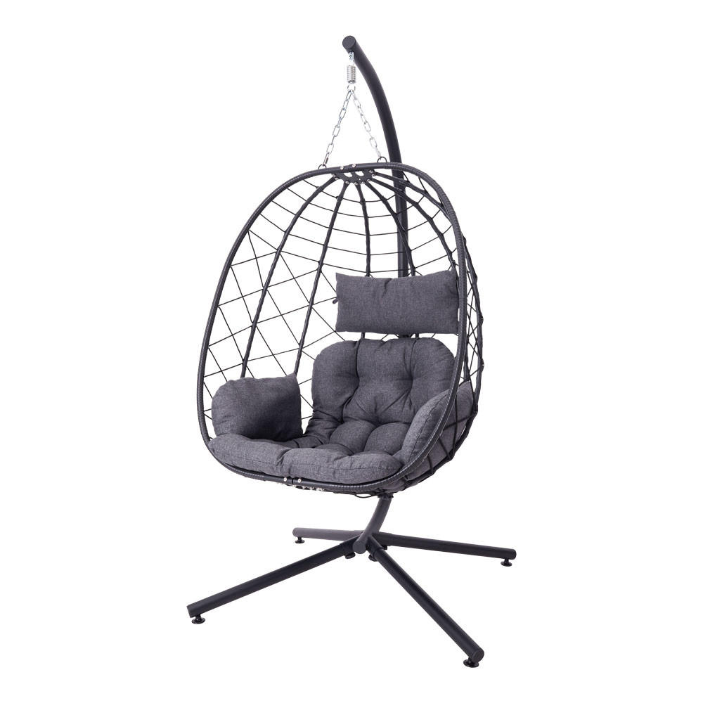 HÄNGESESSEL mit Kissen & Kopfstütze Eiförmig aus PE-Rattan, Eisen, Nylonseil in Schwarz Robuste Wetterbeständig Einfache Montage 93 x 88 x 192 cm - Schwarz, Metall (93/192/88cm) - Livingandhome