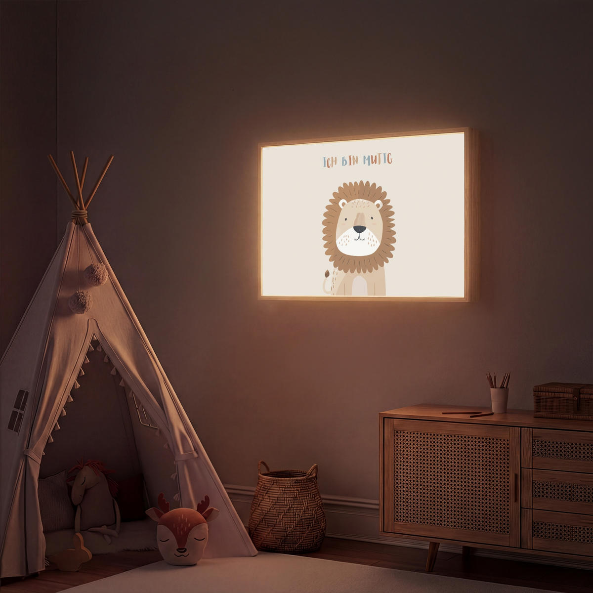 NACHTTISCHLAMPE MIT AKKU Löwe - Beige - Tier - Mutig - Zitat 90x60 cm - Beige, Holzwerkstoff (8/90/60cm) - OnlyWow