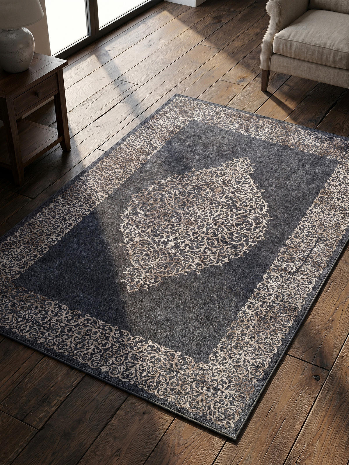 TEPPICH Wohnzimmer Barock Pflegeleicht Waschbar OEKO-TEX Schwarz 140x200 cm Gekettelt Flur – PIZOL - Schwarz, Textil (140/200cm) - KADIMA DESIGN