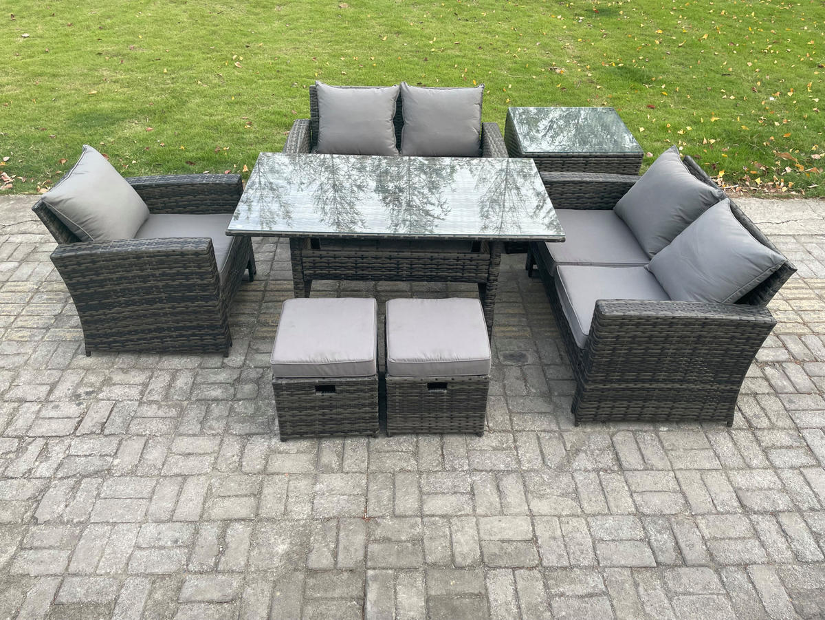 GARTENMÖBELSET mit 2-Sitzer Sofa,2 Hockern,Esstisch,Beistelltisch Polyrattan Dunkelgrau 7-Sitzer - Dunkelgrau/Grau, Glas/Kunststoff - Fimous