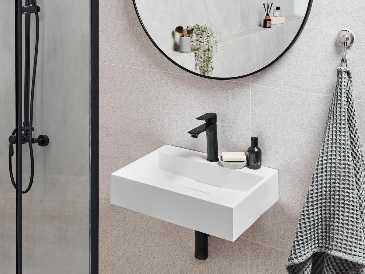 HÄNGEWASCHBECKEN Weiß 50/38 cm Mineralguss Quenko - Weiß, Naturmaterialien (50/12/38cm) - Beliani