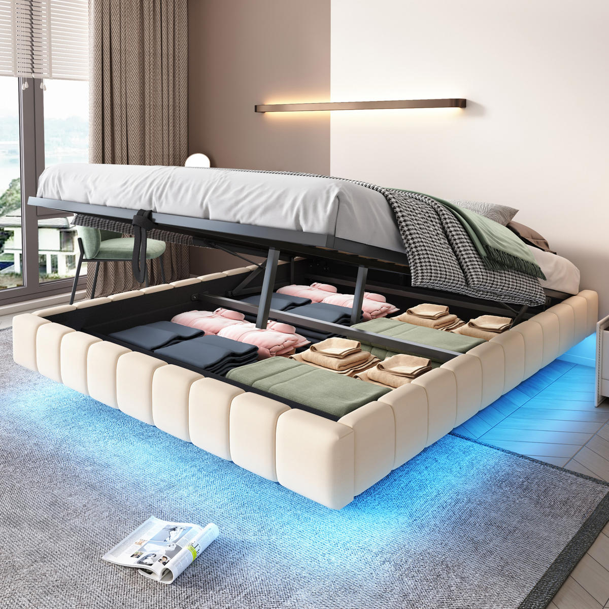 POLSTERBETT aus Leinen 160x200 cm Beige mit LED-Lichtleiste, Bettkasten und schwebender Optik - Beige, Textil (160/200cm) - Modfu