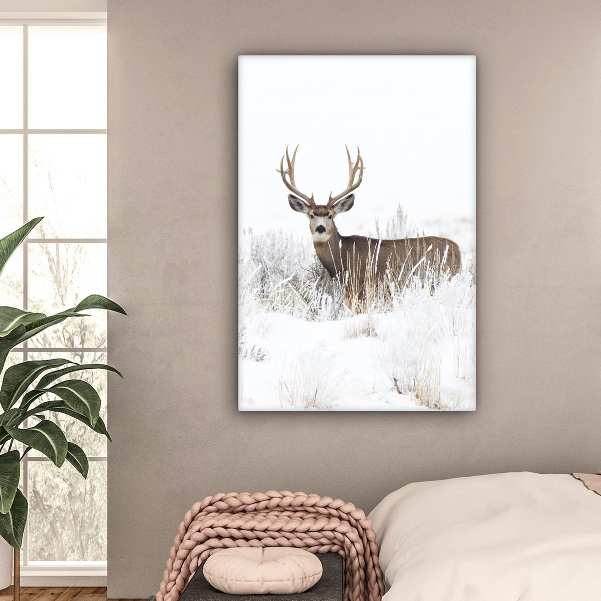 LEINWANDBILD Hirsche - Winter - Schnee - Tiere - Jahreszeiten - Weiß 80x120 cm - Hellbraun, Textil (80/120cm) - MuchoWow