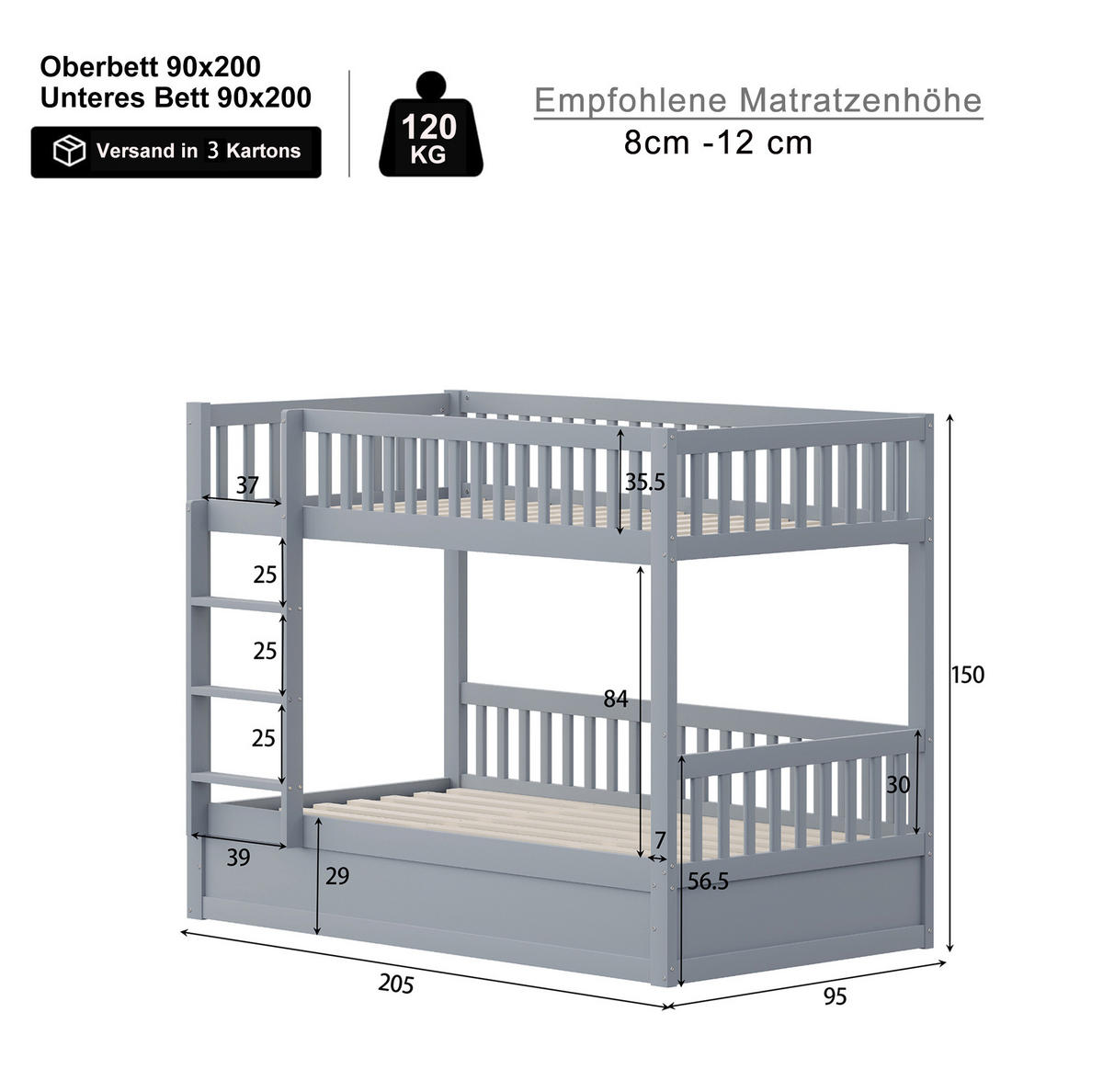 ETAGENBETT 90/200 cm in Grau aus Massivholz mit hydraulischem Stauraum - Grau, Holzwerkstoff (90/200cm) - OKMYHOME