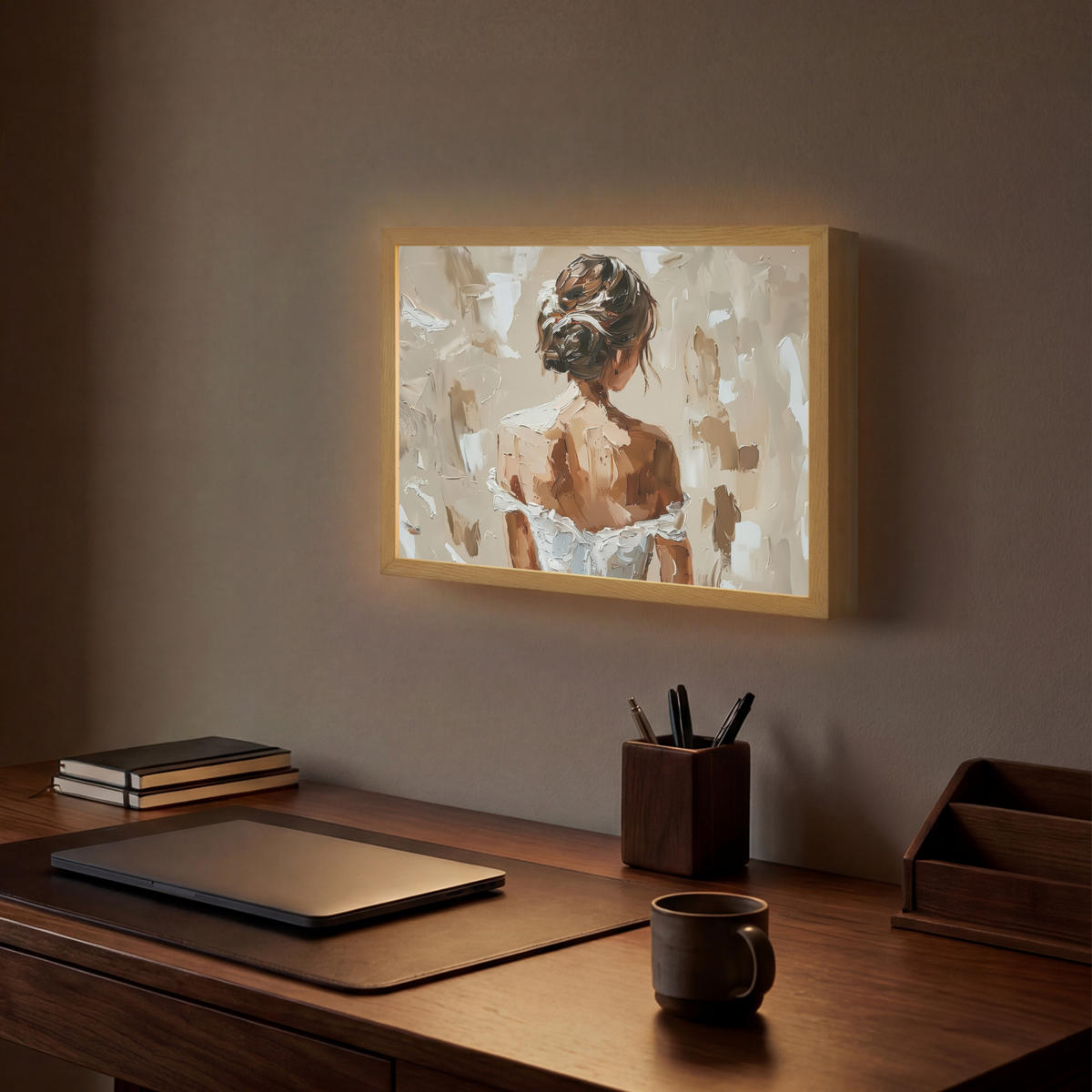 NÁSTĚNNÁ LAMPA S AKUMULÁTOREM Žena - malba - abstraktní - béžová - moderní 40x30 cm - světle hnědá, kompozitní dřevo (40/30/8cm) - OnlyWow