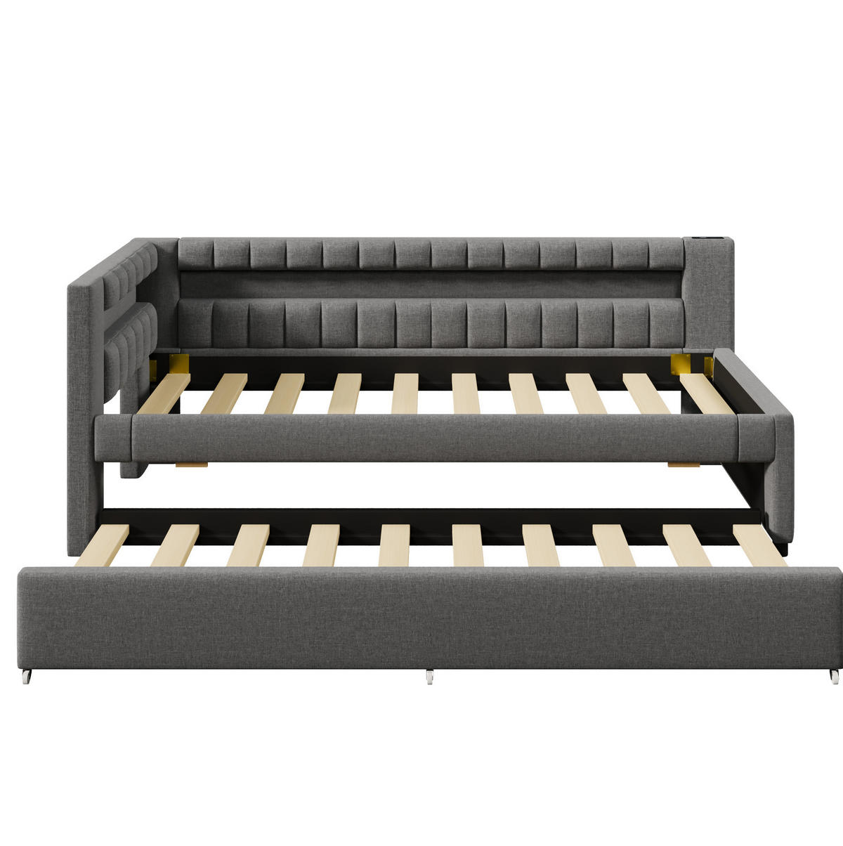 ČALOUNĚNÁ postel 90/200 cm z lnu s LED osvětlením, výsuvným lůžkem a USB + Type-C, Šedá - šedá, textil (90/200cm) - Redom