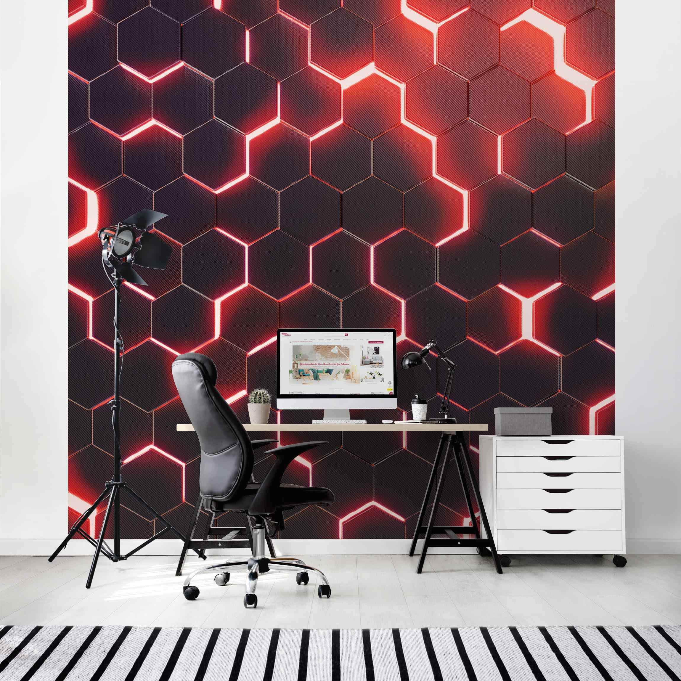 FOTOTAPETE Strukturierte Hexagone mit Neonlicht in Rot 288/288 cm - Schwarz, Papier (288/288cm) - Bilderwelten