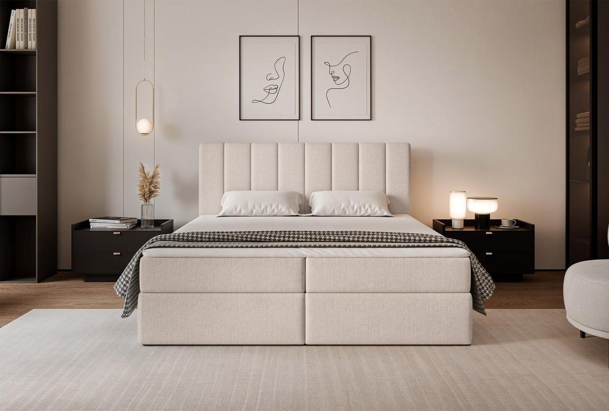 BOXBETT LEO 180/200 cm mit Matratze und Topper, Creme - Creme/Schwarz, Holzwerkstoff/Kunststoff (180/200cm) - Idohome