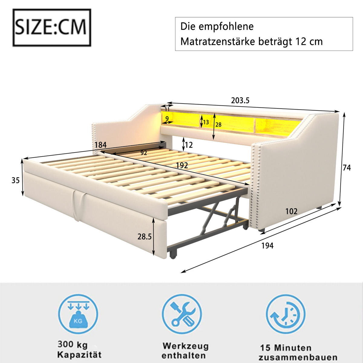 MULTIFUNKTIONSBETT 90/190 cm und 180/190 cm Beige mit Stauraum LED und USB-Anschluss mit Lattenrost Mit Matratze - Beige, Textil (90/190cm) - OKWISH