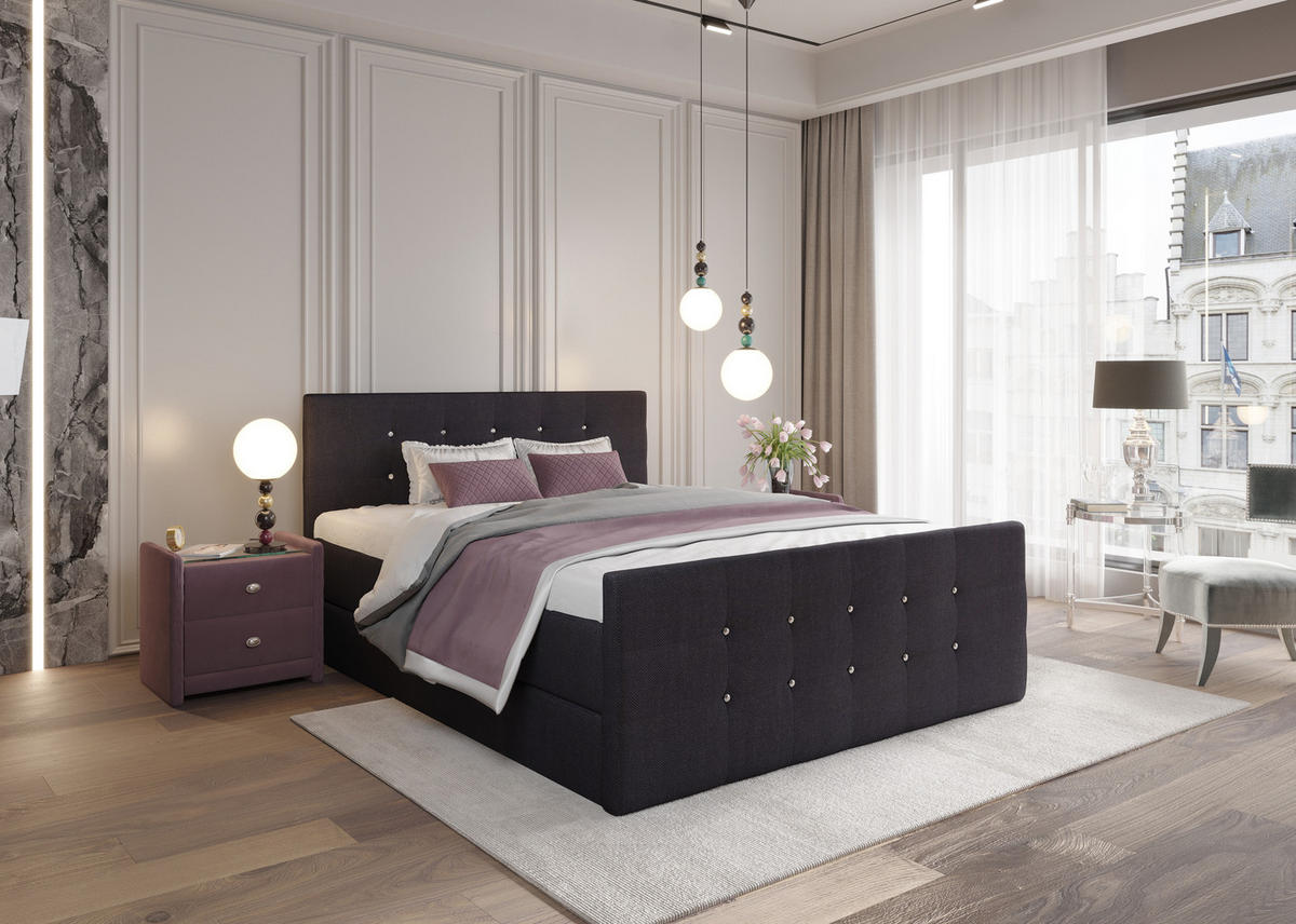 BOXBETT Paris Schwarz 200x200 cm Bettkasten + Topper - Schwarz, Holz/Textil (200/200cm) - Comfortic
