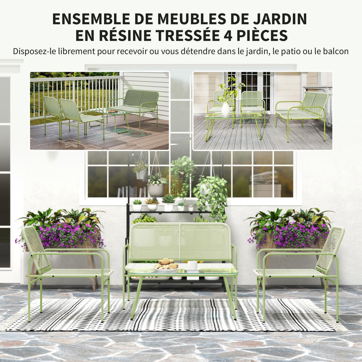 GARTENLOUNGE 4tlg DE-13634 Polyrattan mit Glastisch Grün - Grün, Metall - ComfortXL