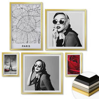 WANDBILDER 5er Set - 50x50 cm & 20x30 cm & 40x60 cm Goldrahmen - Pariserin mit Eiffelturmbrille - Goldfarben, Kunststoff (40/60cm) - ArtPrintCave
