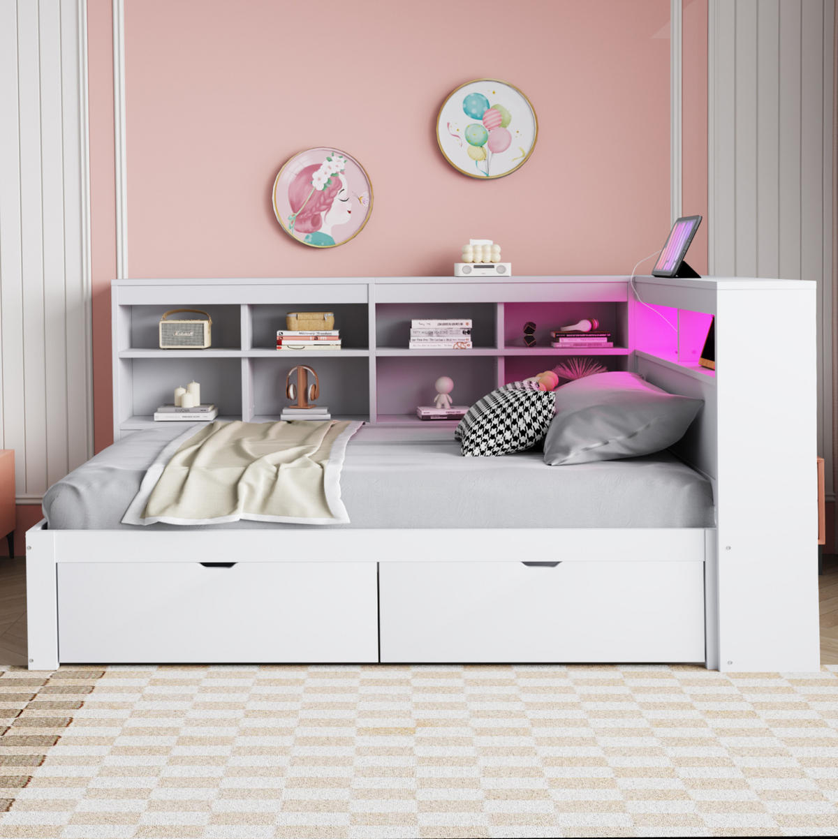 BETT Massivholzsofa 90/200 cm Weiß mit USB- und Steckdose und LED-Beleuchtung - Weiß, Holzwerkstoff (90/200cm) - OKWISH
