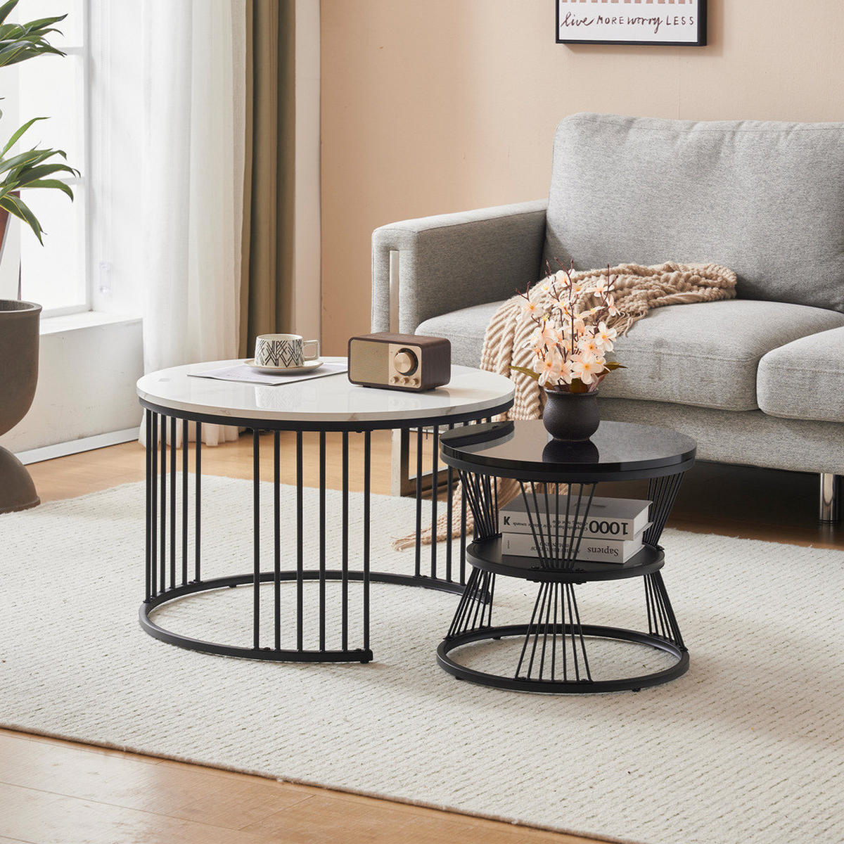 COUCHTISCH Nesting Set 2-tlg Hochglanz Marmoroptik Schwarz Rahmen Rund - Schwarz, Holz (79/76/17cm) - FLIEKS