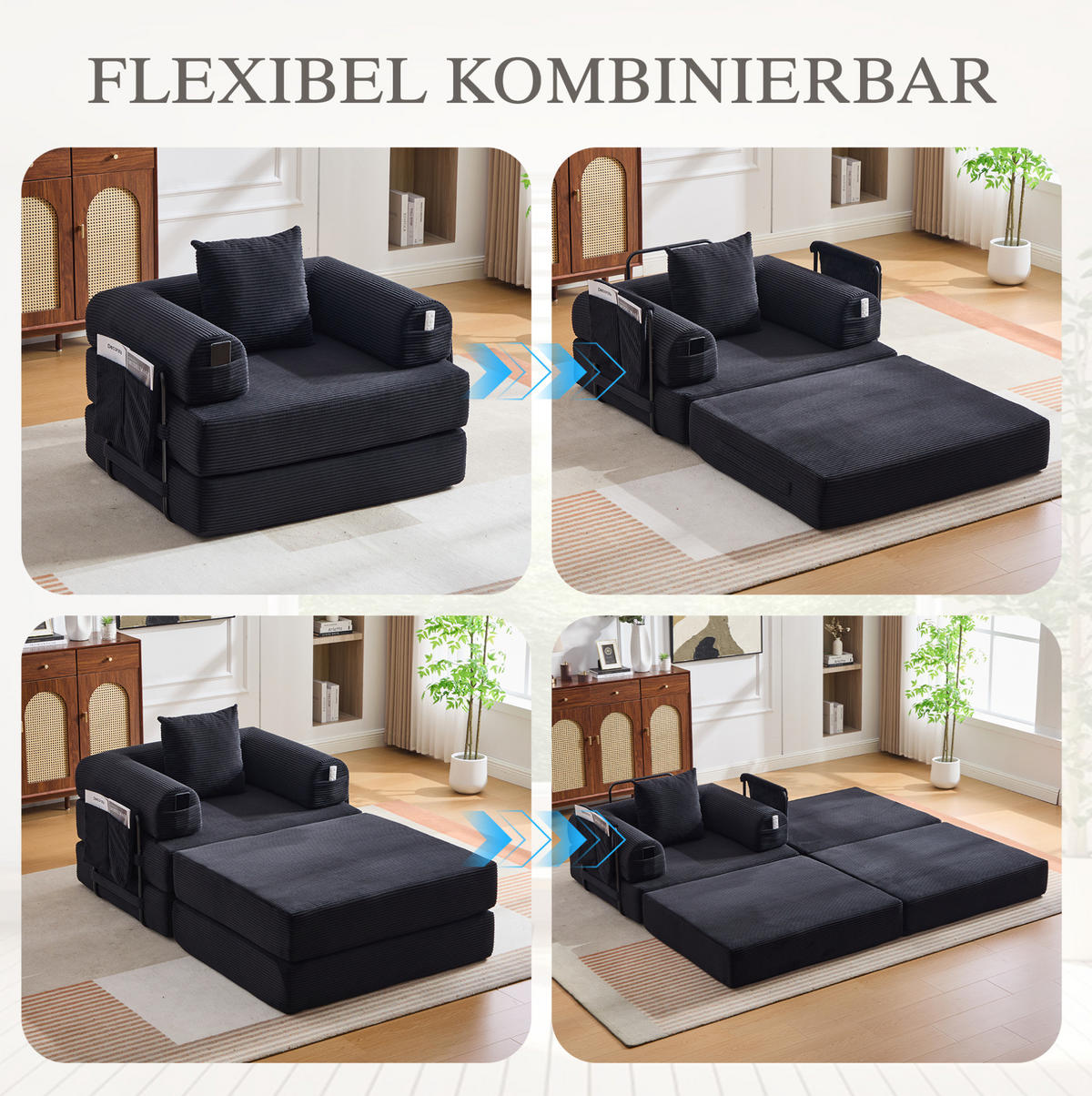 SESSEL mit Hocker 112/190/67 cm frei kombinierbar, Cordbezug, ergonomisch und montagefrei, Schwarz - Schwarz, Textil (190/67/112cm) - Redom