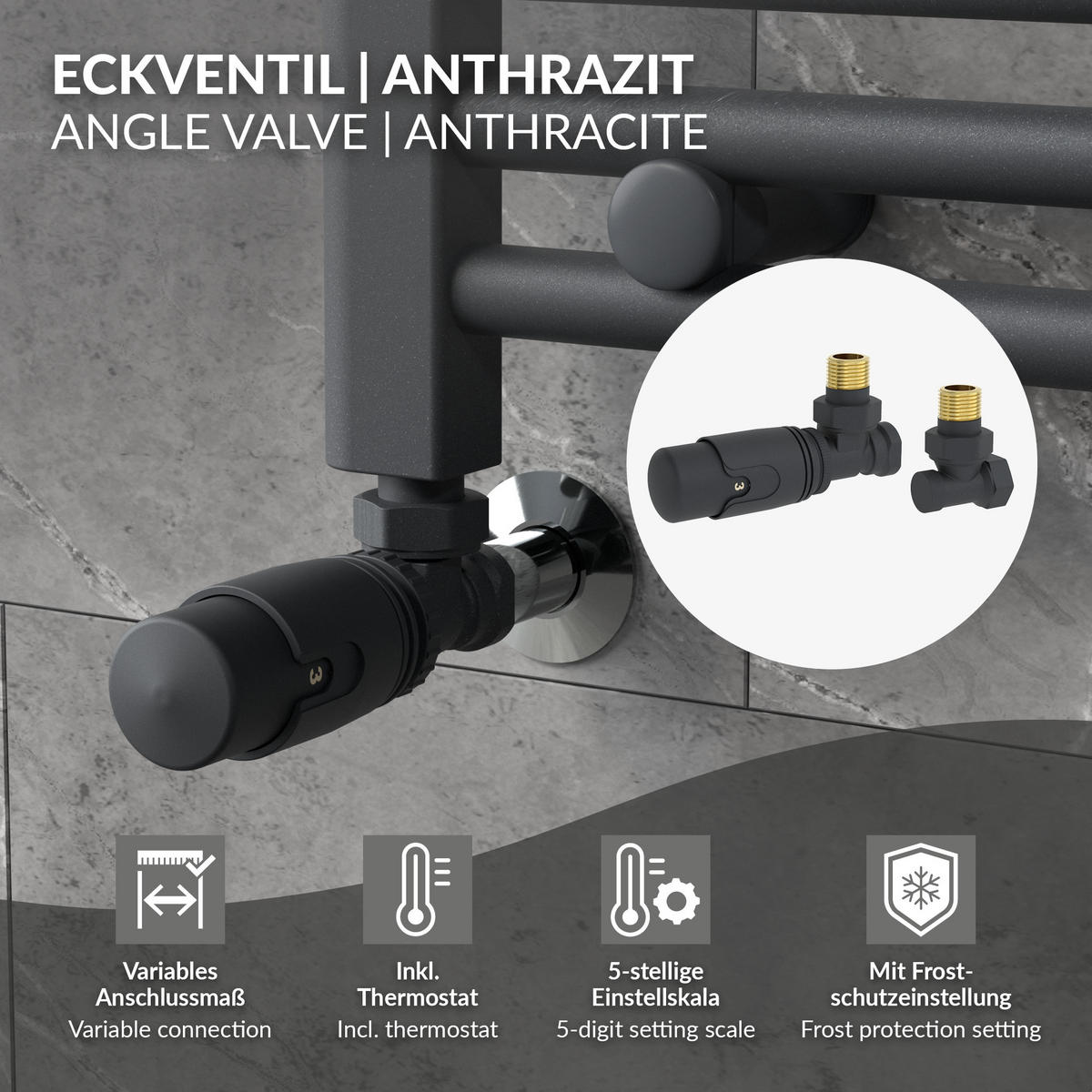 VENTIL K RADIÁTORU 1/2 palce topenní ventil pro radiátory, rohový ventil, antracit - antracitová, kov (3/3.9/4.3cm) - LuxeBath
