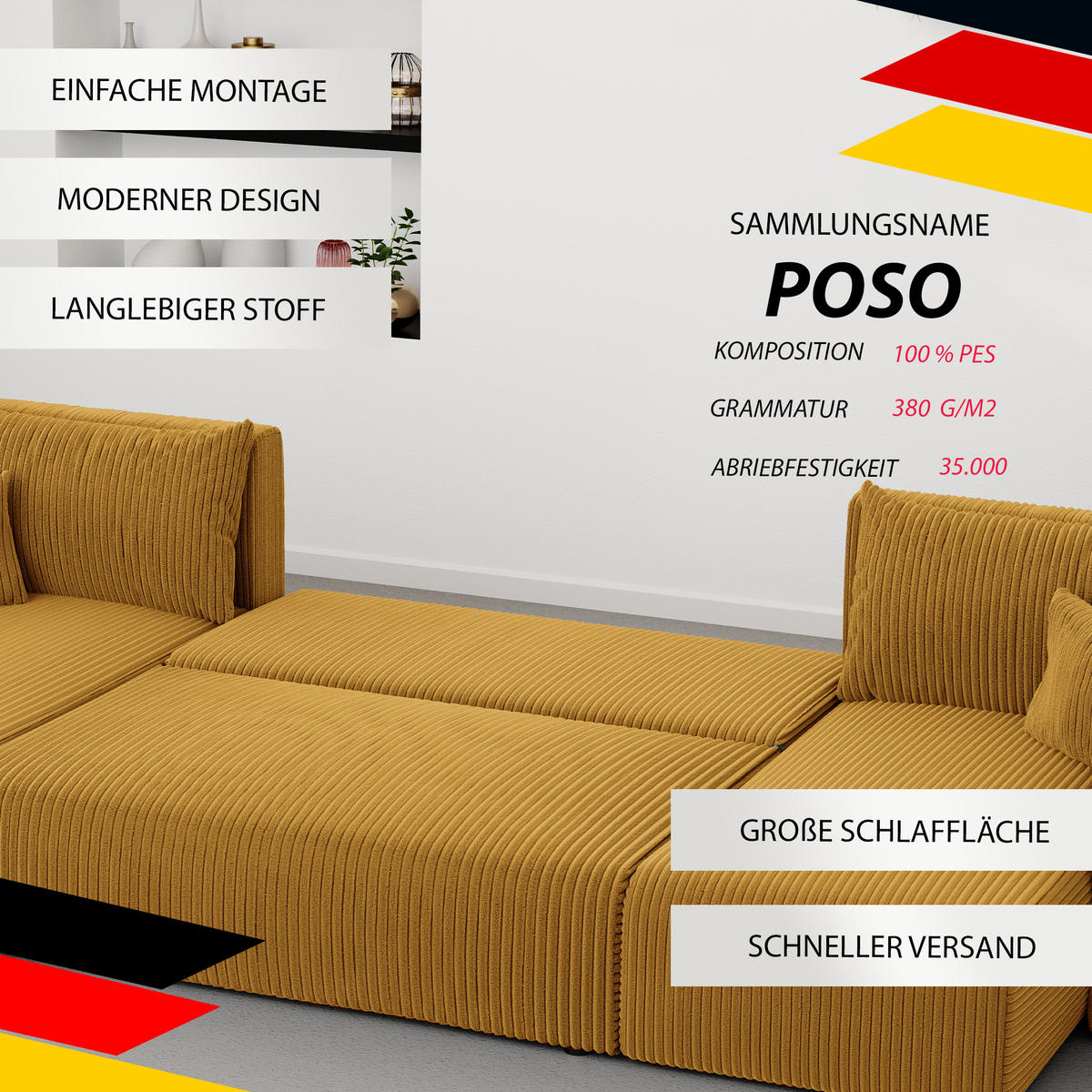 WOHNLANDSCHAFT mit Schlaffunktion und Bettkasten, Senfgelb - Currygelb/Gelb, Kunststoff/Textil (318/79/145cm) - Idohome