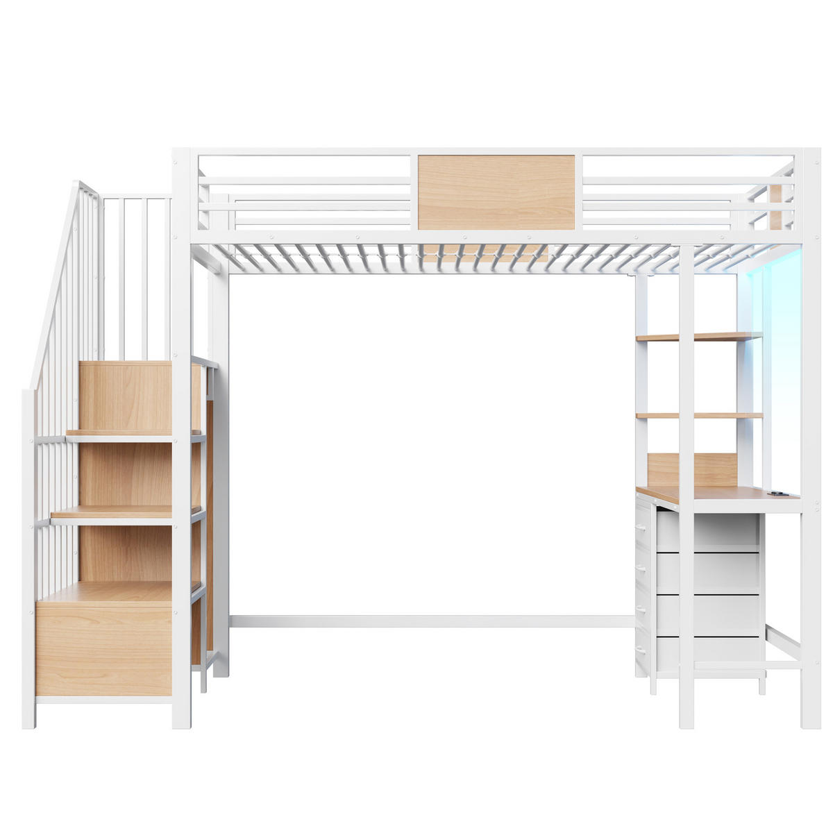 HOCHBETT 90/200 cm in Weiß mit Schreibtisch, Ablagefächern, Kleiderstange, LED und Steckdose aus Metall - Weiß, Holzwerkstoff/Metall (90/200cm) - CHICFURN