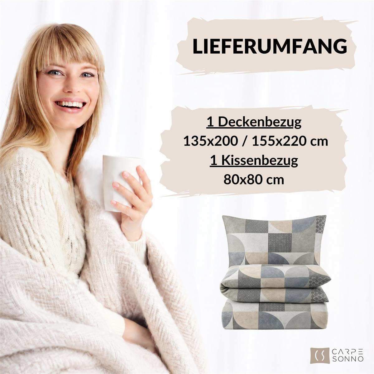 BIBER-BETTWÄSCHE 135x200 - Kuschelig warmer Flanell Bettbezug aus 100% Baumwolle für Herbst & Winter - Muster geometrisch - Grau, Textil (135/200cm) - Carpe Sonno