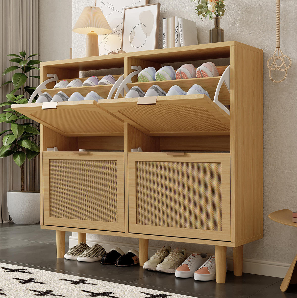 SCHUHSCHRANK mit 4 Klappen 100/25/90 cm in Eichenoptik mit Rattanfront - Naturfarben, Holzwerkstoff (100/90/25cm) - BEAOK
