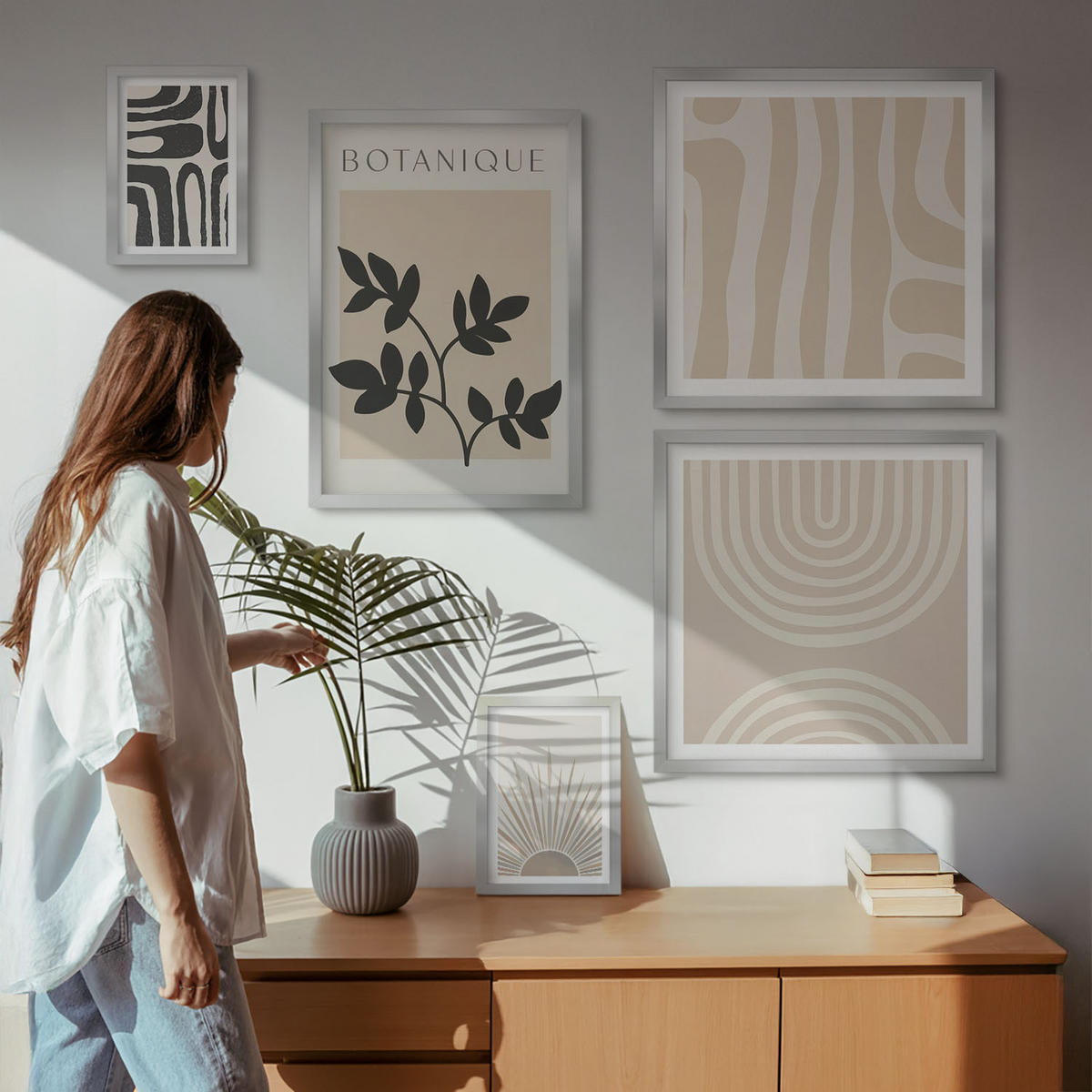 BILDER SET 5er Set - 50x50 cm & 20x30 cm & 40x60 cm Silberner Rahmen - Abstrakte Pflanzenmuster - Silberfarben, Kunststoff (40/60cm) - TULUP