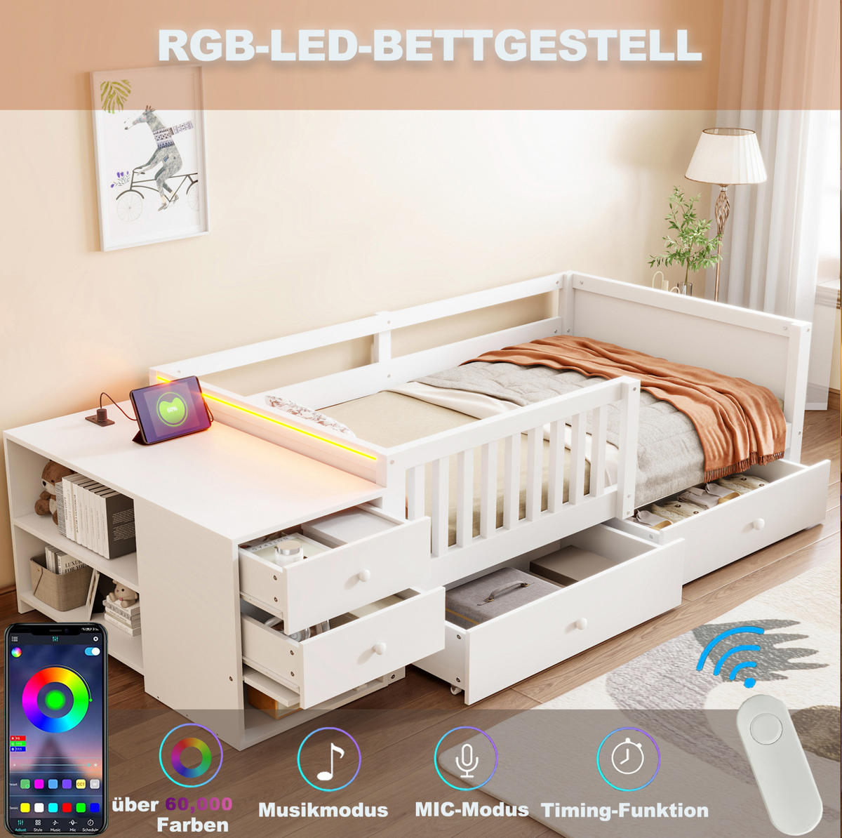 BETT 90/200 cm in Weiß mit Stauraum, LED-Beleuchtung und Steckdose - Weiß, Holz (90/200cm) - Flora Grace