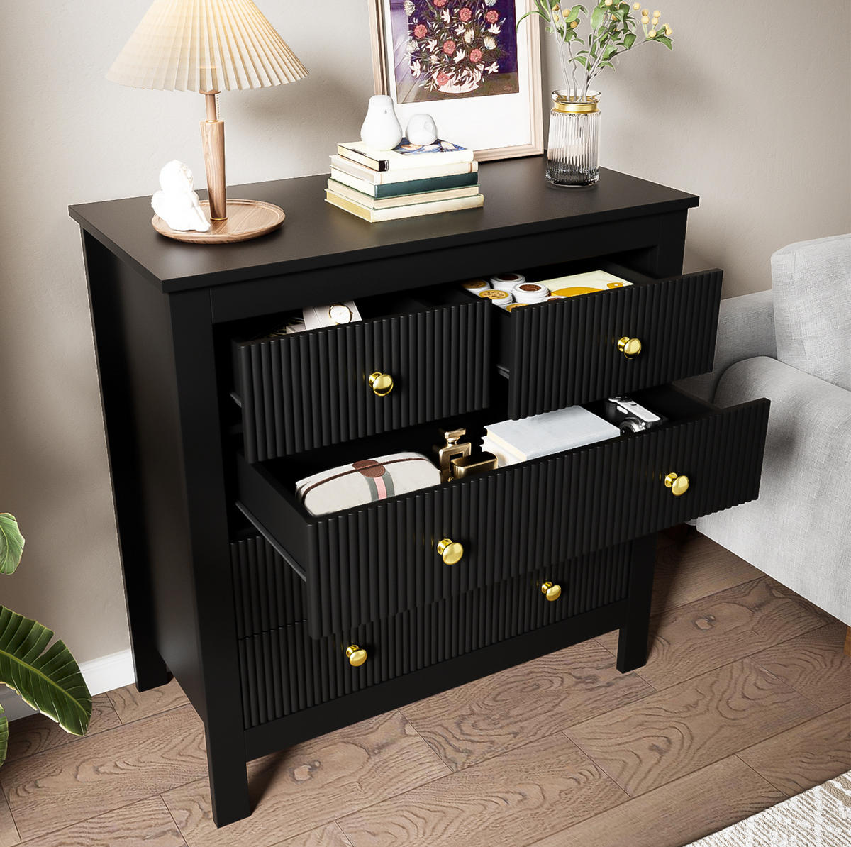 KOMMODE 79/80,5/39,5 cm Schwarz aus Spanplatte mit 5 Schubladen - Schwarz, Holzwerkstoff (39.5/80.5/79cm) - OKMYHOME